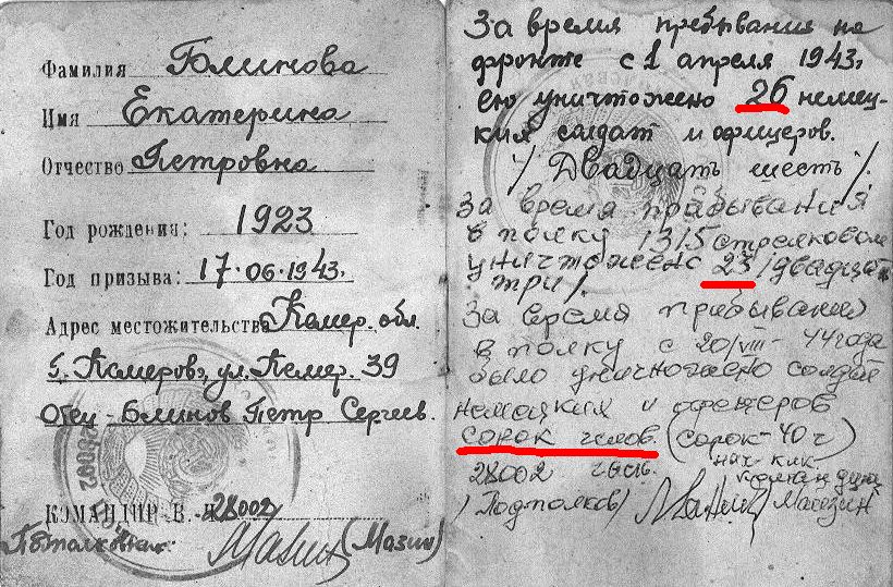 Личный счет уничтоженных врагов снайпера ВОВ Екатерины Блиновой