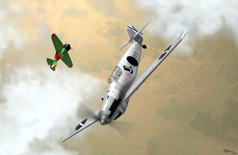 Поединок И-16 и Ме-109В в небе Испании.